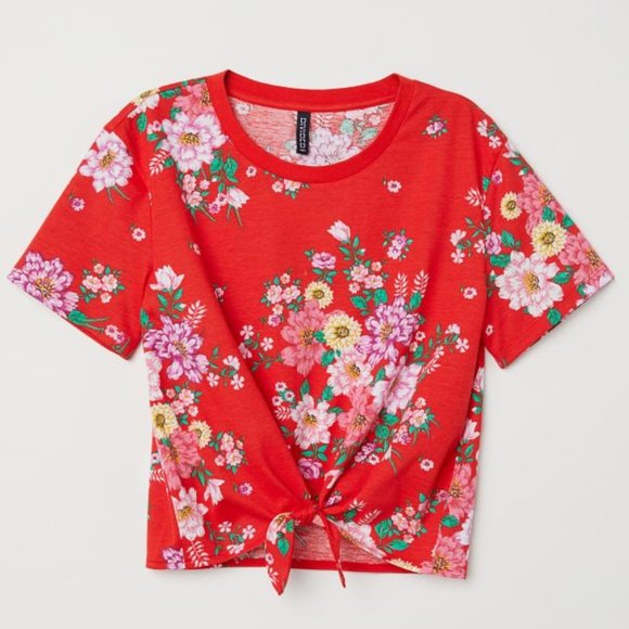 H&M Divided Front-tie Floral T-Shirt - Picture 1 of 1